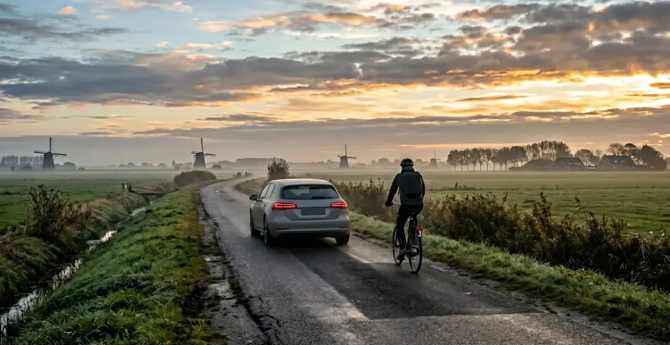 Nederlandse polderweg met auto en fietser illustreert ADAS-uitdagingen