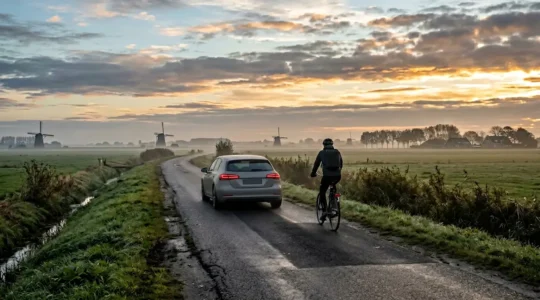 Nederlandse polderweg met auto en fietser illustreert ADAS-uitdagingen