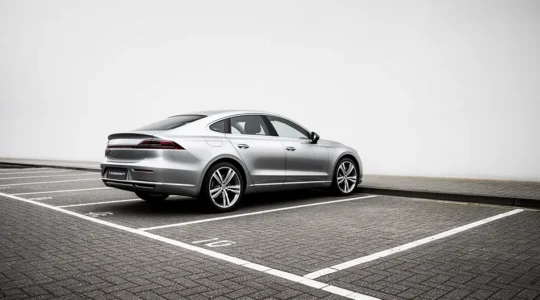 Moderne auto in Nederlandse stedelijke omgeving met reflectie van financiële overwegingen