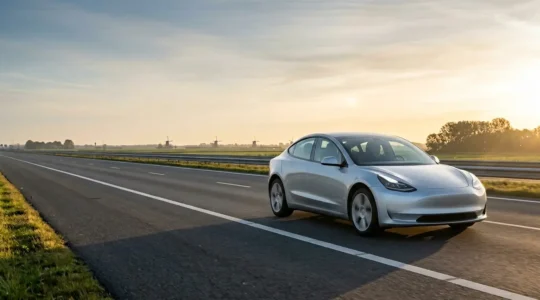 Moderne auto op Nederlandse snelweg met zuinige rijstijl