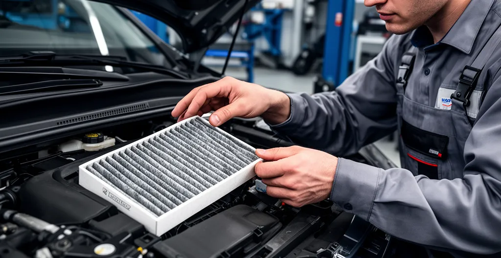 Automonteur vervangt interieurfilter in moderne auto