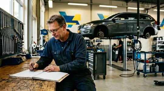 Professional mechanic documenting car maintenance to preserve residual value