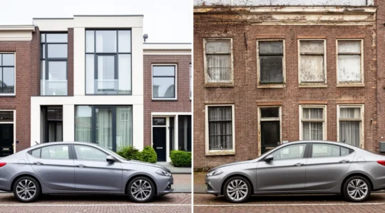 Twee identieke auto's geparkeerd voor Nederlandse rijtjeshuizen met verschillende prijslabels boven de voertuigen