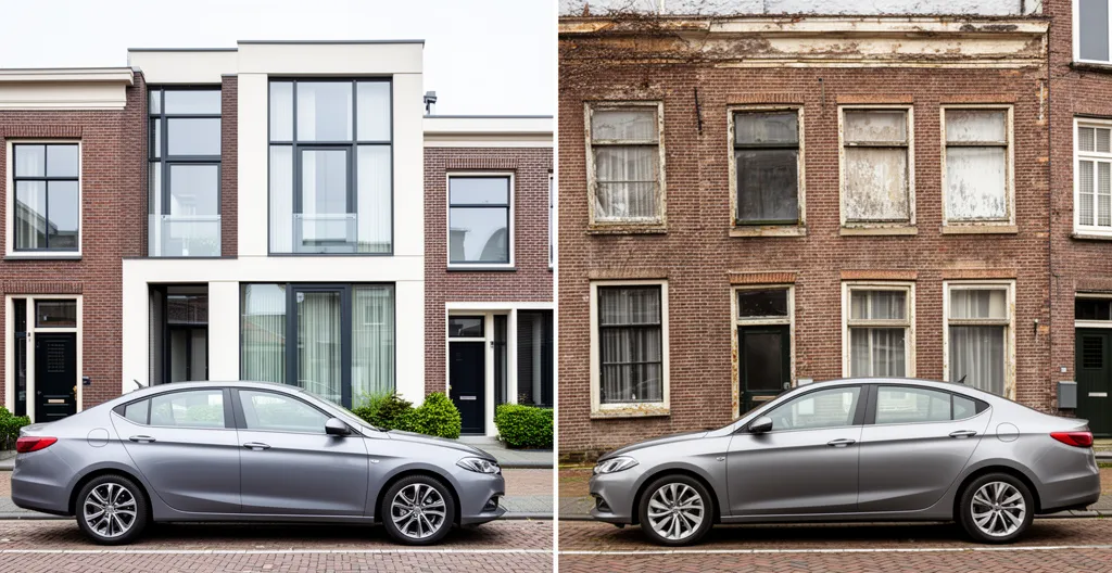 Twee identieke auto's geparkeerd voor Nederlandse rijtjeshuizen met verschillende prijslabels boven de voertuigen