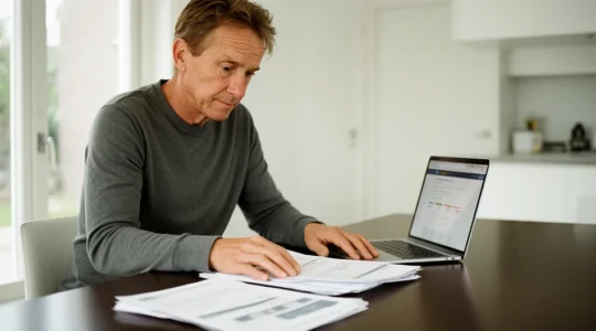 Automobilist bestudeert documenten en zoekt oplossingen voor autoverzekering na weigering