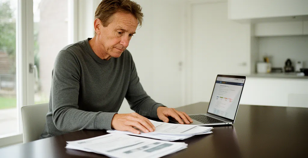 Automobilist bestudeert documenten en zoekt oplossingen voor autoverzekering na weigering