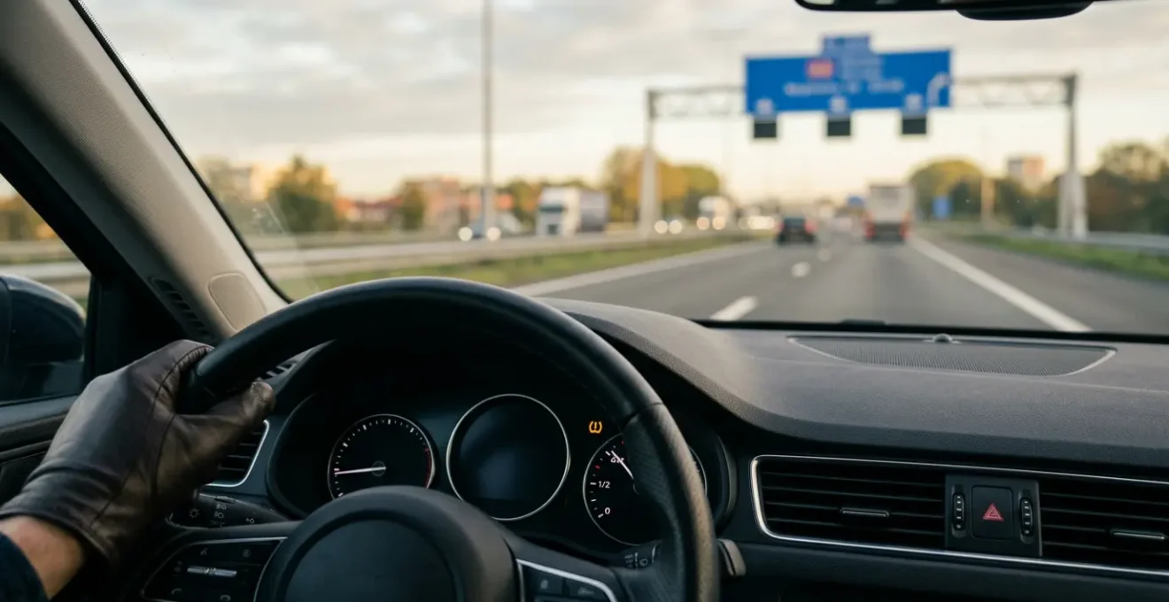 Dashboard met bandenspanning waarschuwingslampje en brandstofmeter in moderne auto