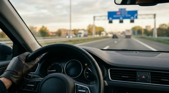 Dashboard met bandenspanning waarschuwingslampje en brandstofmeter in moderne auto