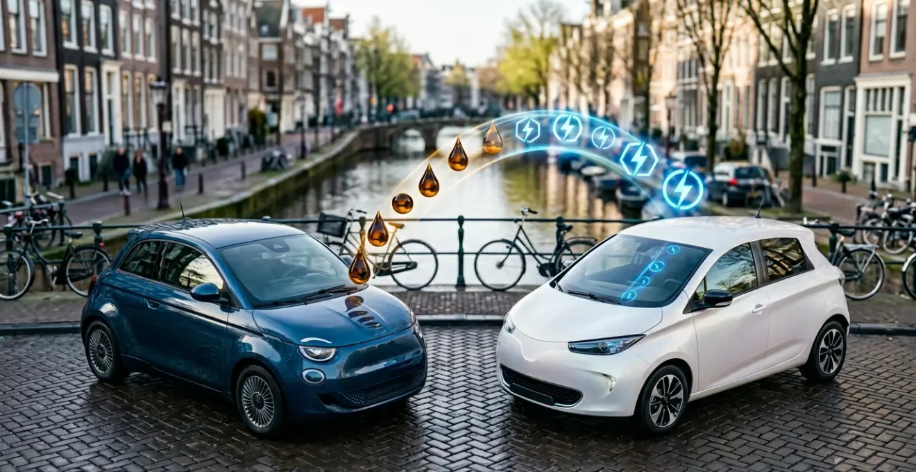 Vergelijking tussen een compacte benzineauto en elektrische auto met kostenelementen in Nederlandse stedelijke omgeving