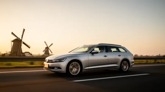 Moderne stationwagon op Nederlandse snelweg bij zonsondergang met gezin