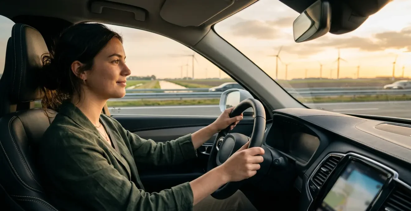 Jonge bestuurder rijdt zelfverzekerd op Nederlandse snelweg tijdens zonnige ochtend
