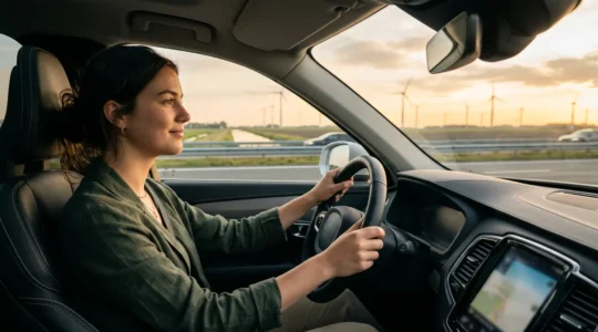 Jonge bestuurder rijdt zelfverzekerd op Nederlandse snelweg tijdens zonnige ochtend