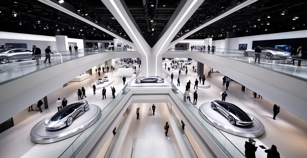 Drukke autobeurs hal met bezoekers die moderne elektrische voertuigen bekijken onder dramatische beursverlichting