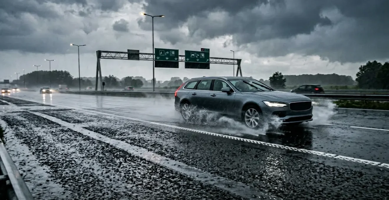 Auto die bijna grip verliest op nat ZOAB wegdek tijdens hevige regenbui