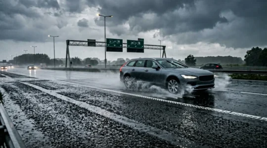 Auto die bijna grip verliest op nat ZOAB wegdek tijdens hevige regenbui