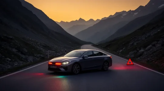 Verongelukte auto op een verlaten bergweg met waarschuwingssignalen