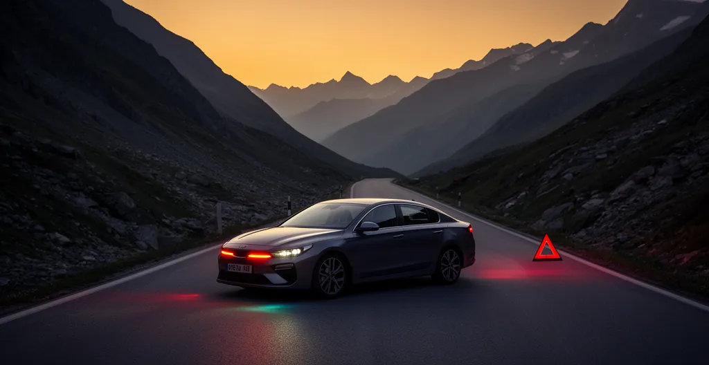 Verongelukte auto op een verlaten bergweg met waarschuwingssignalen