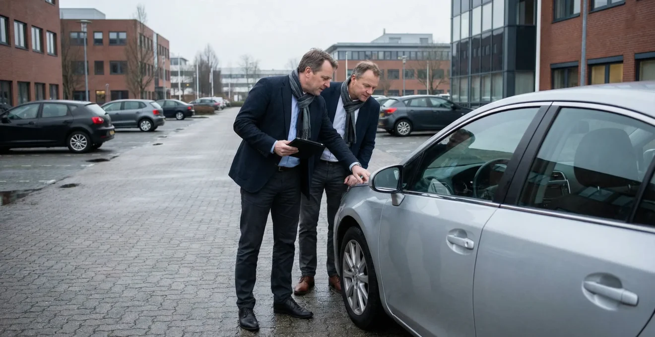 Twee professionals inspecteren leaseauto bij inlevering