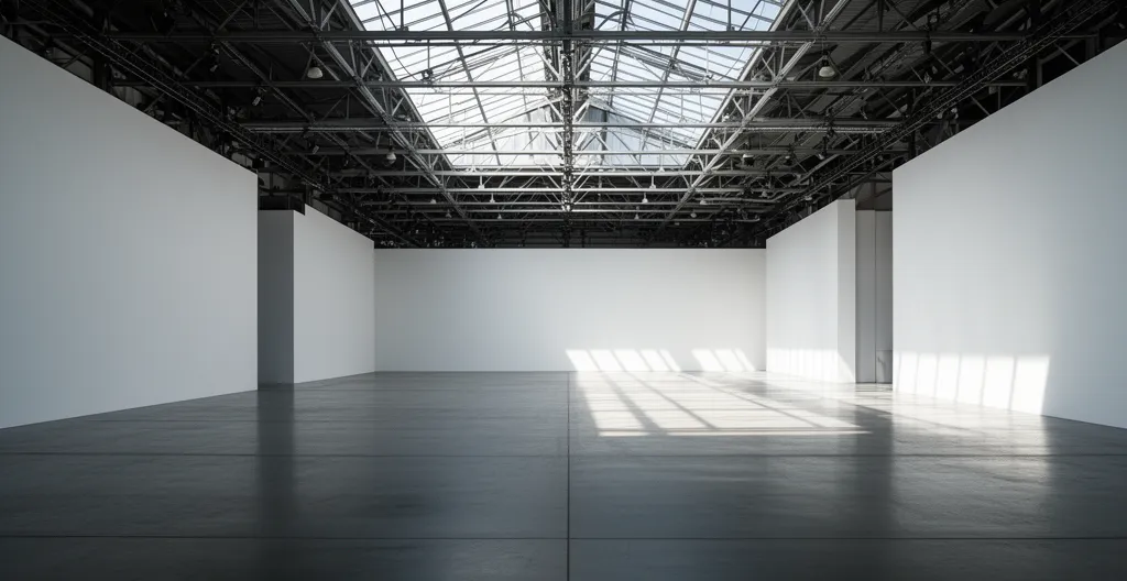 Verlaten autosalonhal met lege standplaatsen en reflecties van futuristische elektrische auto's in het glas