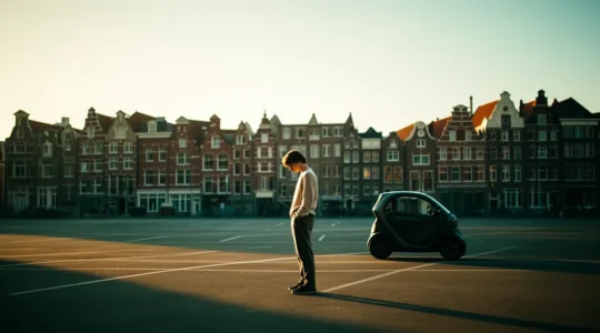 Jonge bestuurder staat nadenkend bij auto met verschillende verzekeringsopties
