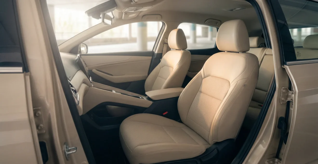 Interieur van een moderne leaseauto met beschermende stoelhoezen