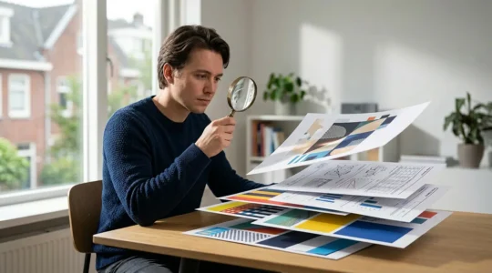 Kritische consument analyseert autotest documenten met een vergrootglas