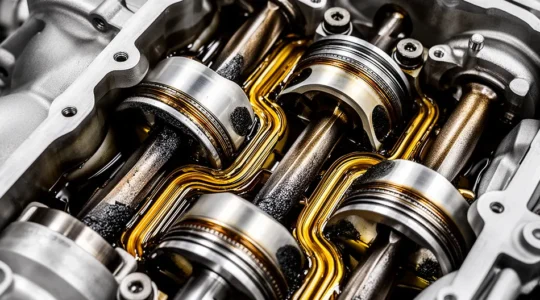 Moderne turbomotor met zichtbare oliecirculatie en technische componenten in detail