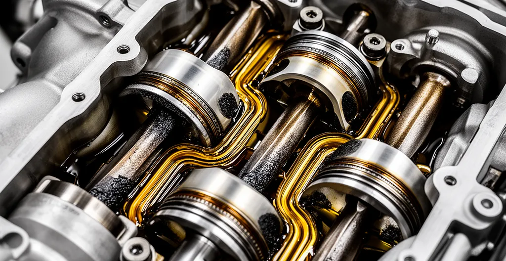 Moderne turbomotor met zichtbare oliecirculatie en technische componenten in detail