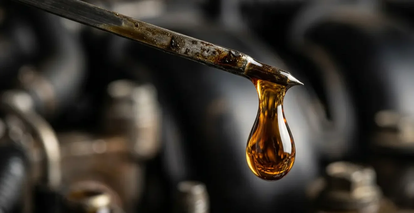 Close-up van motorolie druppel die van peilstok valt, met verschillende tinten van amber tot donkerbruin zichtbaar