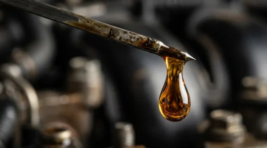 Close-up van motorolie druppel die van peilstok valt, met verschillende tinten van amber tot donkerbruin zichtbaar