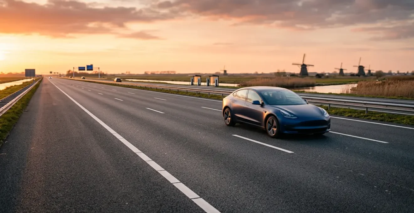 Elektrische auto rijdt op Nederlandse snelweg met laadpalen in de verte