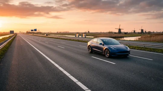Elektrische auto rijdt op Nederlandse snelweg met laadpalen in de verte
