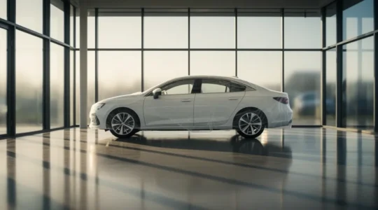 Gloednieuw automodel in Nederlandse showroom met softwareproblemen zichtbaar op dashboard