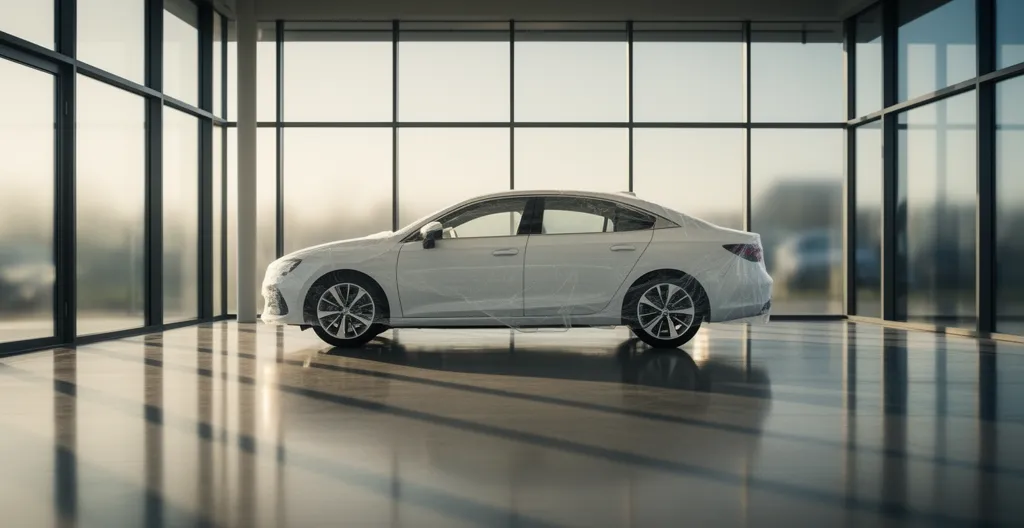 Gloednieuw automodel in Nederlandse showroom met softwareproblemen zichtbaar op dashboard