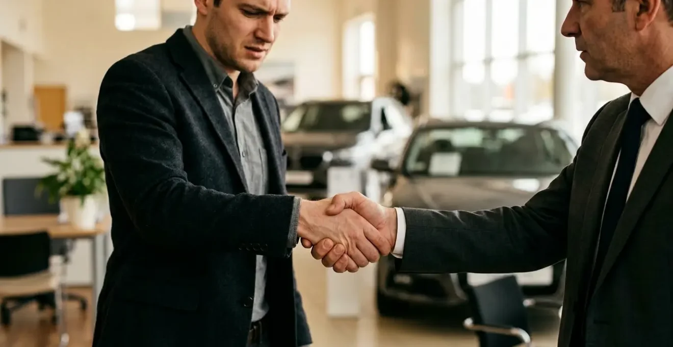 Close-up van een handdruk bij autoaankoop met vaag contract op achtergrond