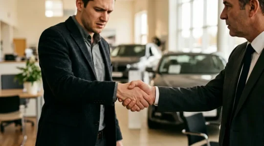 Close-up van een handdruk bij autoaankoop met vaag contract op achtergrond