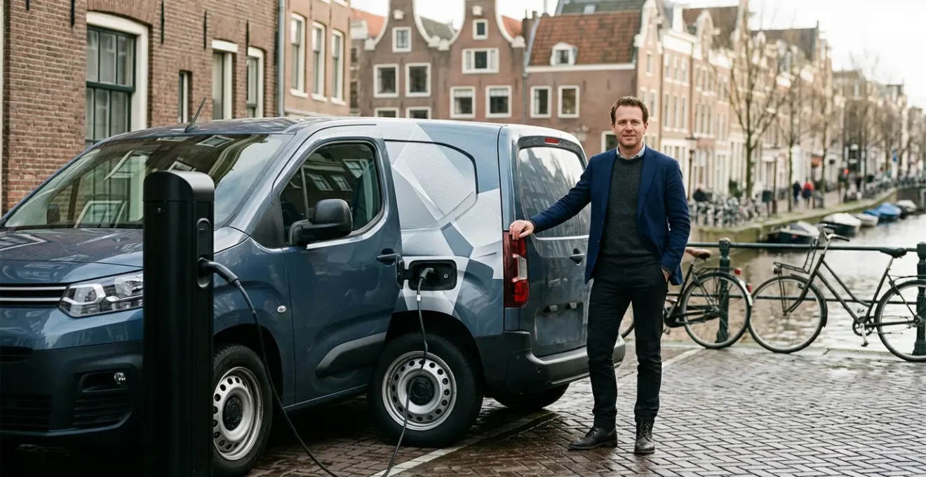 Ondernemer met elektrische bestelbus in historisch Nederlands stadscentrum met moderne laadinfrastructuur