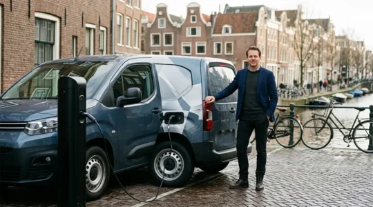 Ondernemer met elektrische bestelbus in historisch Nederlands stadscentrum met moderne laadinfrastructuur