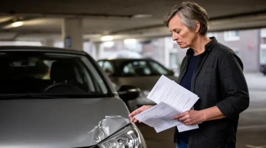 Close-up van een autobestuurder die nadenkend naar een kleine parkeerschade kijkt terwijl hij peinst over zijn verzekeringsopties
