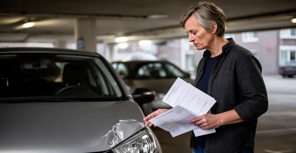 Close-up van een autobestuurder die nadenkend naar een kleine parkeerschade kijkt terwijl hij peinst over zijn verzekeringsopties
