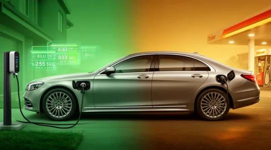 Moderne PHEV sedan met zichtbare laadstatus en fiscale berekeningen