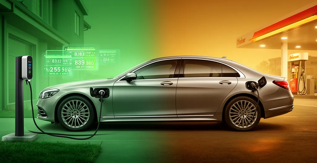 Moderne PHEV sedan met zichtbare laadstatus en fiscale berekeningen