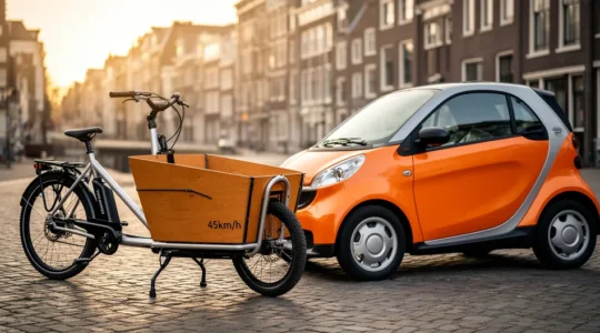 Verschillende vervoersopties naast elkaar in een Nederlands straatbeeld