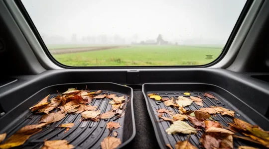 Interieur van een auto met rubberen matten tijdens de Nederlandse herfst