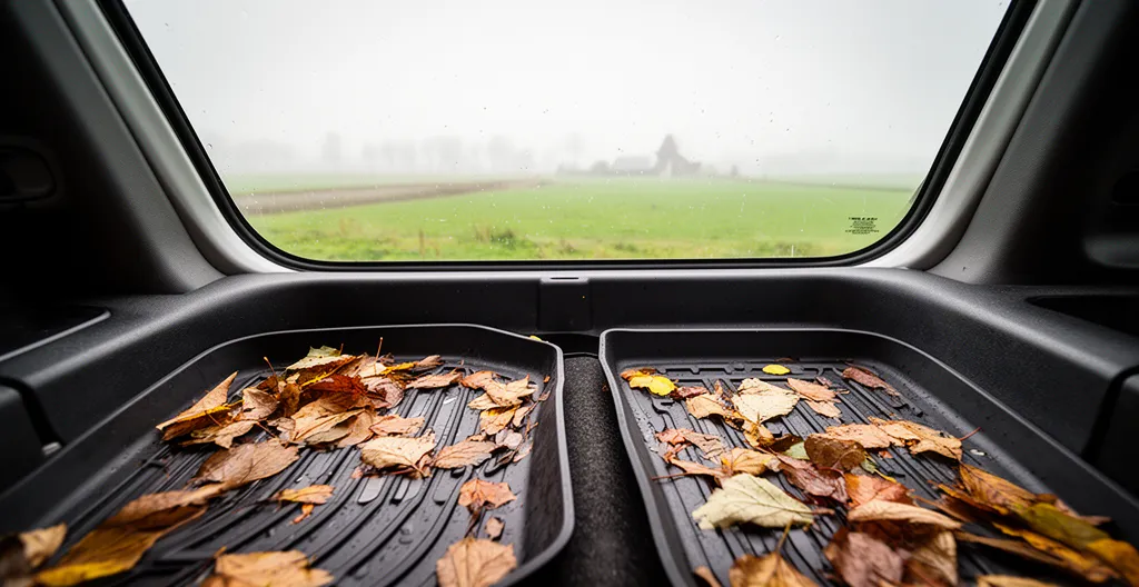 Interieur van een auto met rubberen matten tijdens de Nederlandse herfst