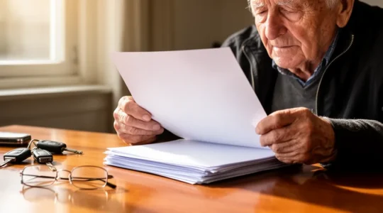 Senior bestuurder controleert documenten voor rijbewijsverlenging met CBR-formulieren