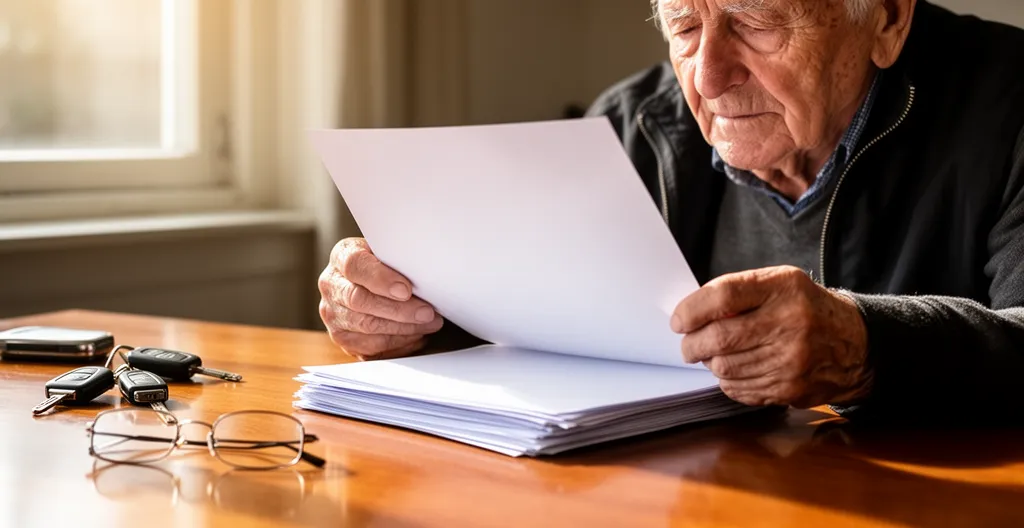 Senior bestuurder controleert documenten voor rijbewijsverlenging met CBR-formulieren