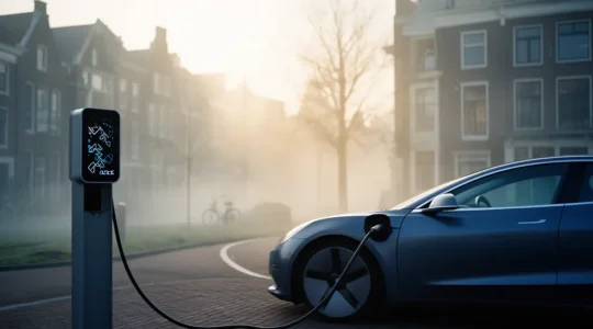 Elektrische auto wordt opgeladen met moderne laadkabel bij openbare laadpaal