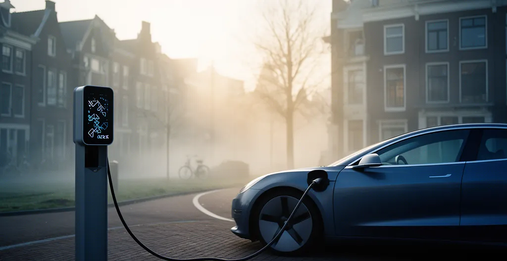 Elektrische auto wordt opgeladen met moderne laadkabel bij openbare laadpaal