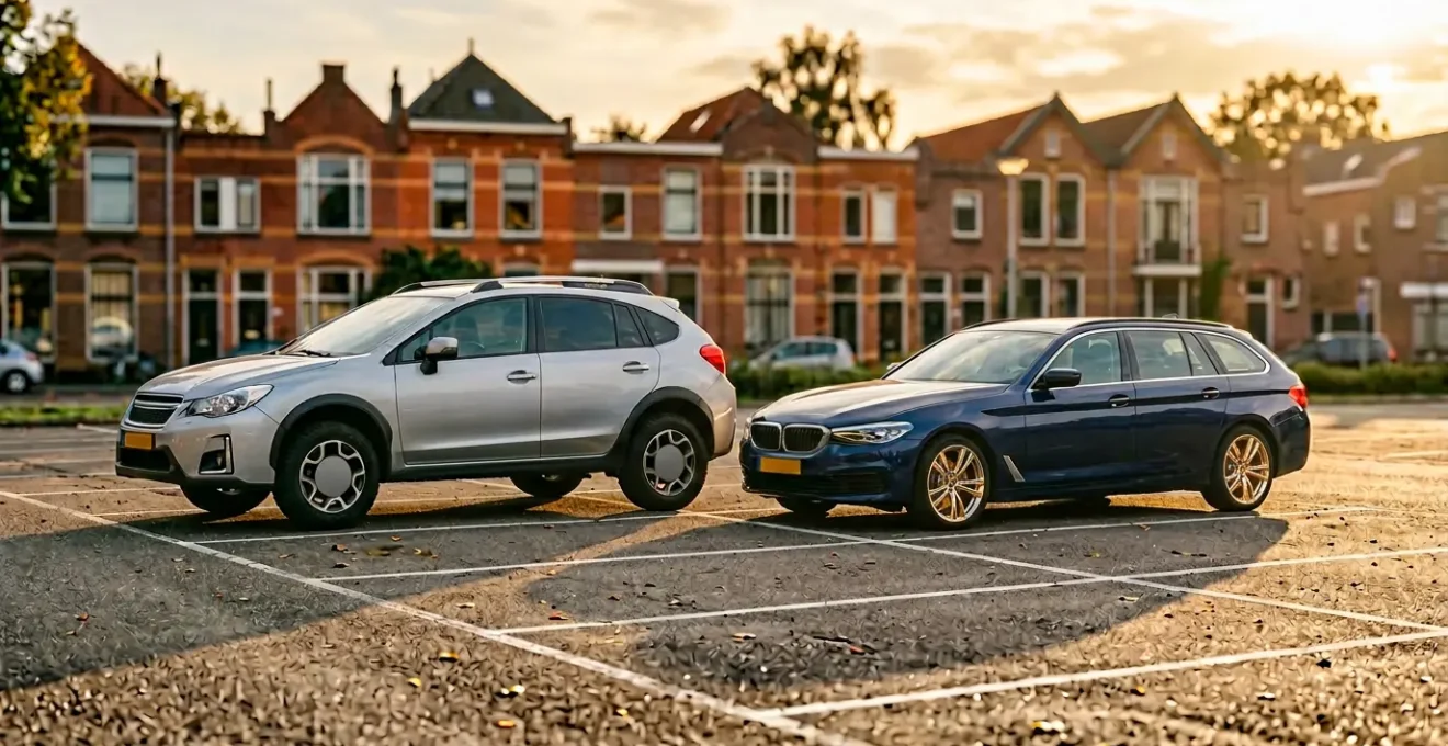 Vergelijking tussen een moderne SUV en een stationwagon geparkeerd naast elkaar op een Nederlands parkeerterrein
